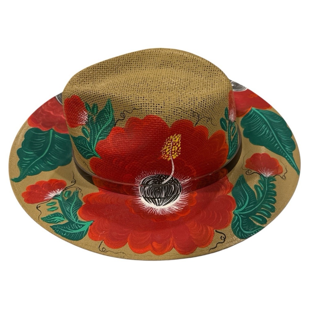 Boho Hand Painted Artisan Straw Fedora Hat Floral Hibiscus Art Resort Aloha